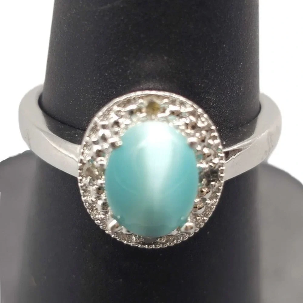 .925 SILVER DIAMOND & CAT EYE RING SIZE 6.5 2.1G (GNH022581)